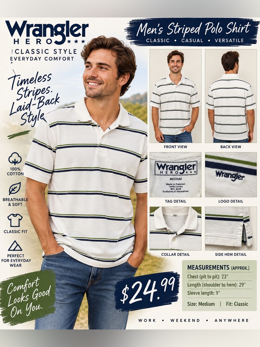 Wrangler White Polo with Navy and Green Stripes